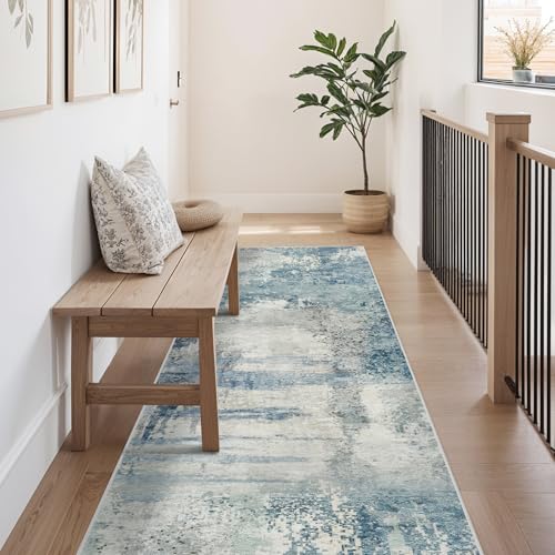 8 Foot Runner Rug: Washable Non-Slip Abstract Carpet for Kitchen Entryway Bedroom - Soft Stain Resistant Easy Clean Mat for Family with Pets 2.6x8 Blue - color: Blue, size: 2'6" x 8' (Rectangular)
