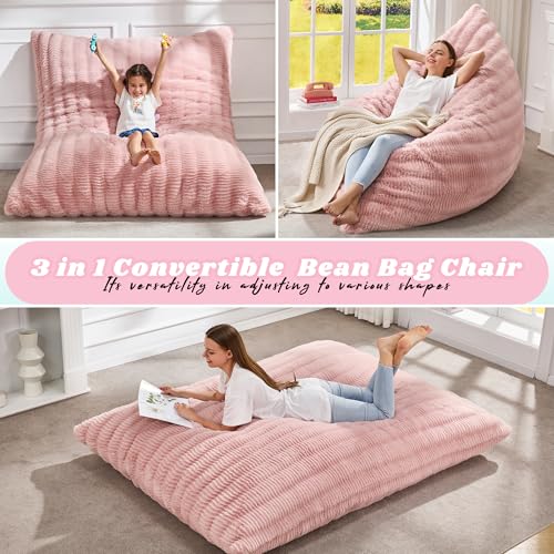 Hobestluk 3 in 1 Bean Bag Chair Giant Bean Bag Chairs for Adults with Ripple Cover Convertible Bean Bag Floor Cushion with Machine Washable Cover for Living Room (Ripple Pink) - color: Soft Pink
