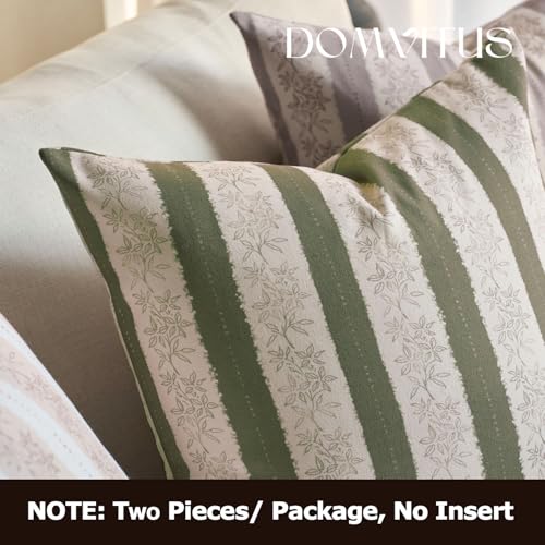 DOMVITUS Floral Pillow Covers 20x20 Inch Set of 2, Vintage Striped Block Print Decorative Throw Pillow Covers Neutral Farmhouse Boho Home Decor for Couch Sofa Bed Living Room, Olive Green - color: Olive Green, size: 20" x 20" (Pack of 2)