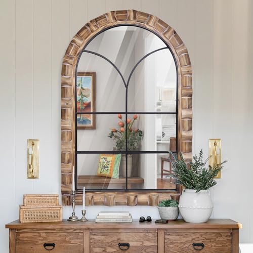 36x24 Inch Arched Window Pane Wall Mirror - Rustic Farmhouse Solid Wood Decorative Mirror for for Living Room, Bedroom, Entryway & Bathroom - color: E - Window - 36x24 in