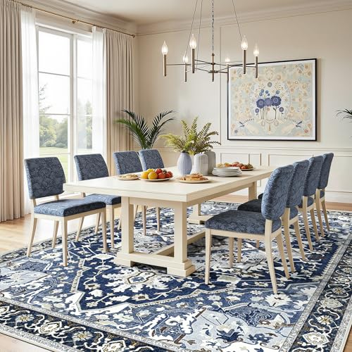 9x12 Blue Washable Area Rug - Large Boho Vintage Farmhouse Living Room Rug with Non-Slip Backing, Faux Wool Low Pile Indoor Carpet for Bedroom, Under Dining Table, Office - Navy Blue Multi - color: Navy Blue& Multi, size: 9' x 12' (Rectangular)