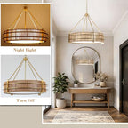 24.8" Boho Rattan Chandelier, 5-Light Large Hand-Woven Rattan Chandeliers with Wicker Shade, Rustic Gold Pendant Light for Dining Room, Living Room, Bedroom, Kitchen, Foyer - size: 24.8 inch