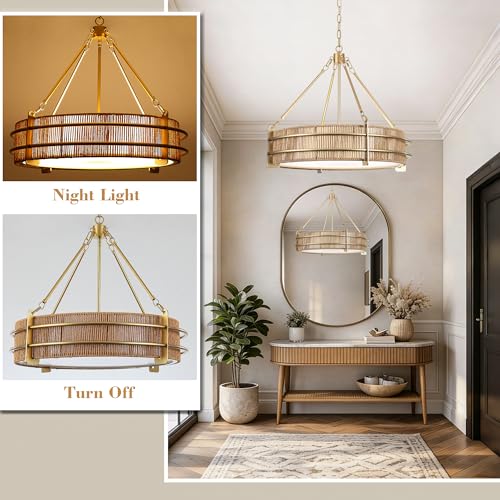 24.8" Boho Rattan Chandelier, 5-Light Large Hand-Woven Rattan Chandeliers with Wicker Shade, Rustic Gold Pendant Light for Dining Room, Living Room, Bedroom, Kitchen, Foyer - size: 24.8 inch