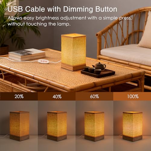 LUSHARBOR Boho Bedside Table Lamp, Decorative Dimmable Rattan Lamp Battery Operated, Small Nightstand Boho Lamp Accent Vintage Table Lamps for Livingroom/Entryway/Tabletop/Desk Decor-Beige - style: USB-WOVEN