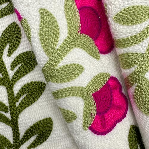 Alysheer Flower Embroidered Summer Decorative Lumbar Throw Pillow Cover 12"x 20", Farmhouse Cottage Hot Pink Floral Green Leaves Patterned Cotton Canvas Cushion Case for Sofa Couch Bed Living Room - color: Hot Pink, size: 20" x 12" (Pack of 1)