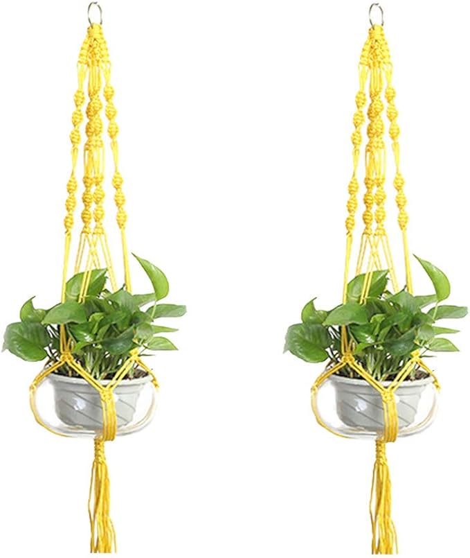 Set of 2 Macrame Plant Hanger Nylon Rope Wall Hanging Planter Basket for Indoor Outdoor Flower Pot Plant Holder Wall Art Vintage-Inspired Home Decor, with Metal Ring 4 Legs 39 inch (Yellow)