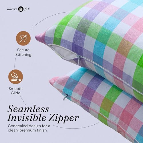 Native Fab Checkered Pillow Covers 2 Pack, 16x16 Inches, 100% Cotton, Buffalo Plaid, Rustic Cushion Cases, Great for Farmhouse Easter, Spring Home Decor, Living Room, Sofa, Counch, Easter Checks - color: Gingham Pastel, size: 16" x 16" (Pack of 2)