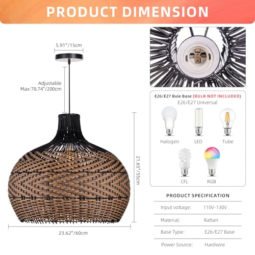 Arturesthome 1 Light Rattan Pendant Light Fixtures for Kitchen Island, 23.6" Wicker Chandelier, Handwoven Hanging Ceiling Lighting Lampshade for Dining Room Hallway Black - size: 23.6" x 21.6"