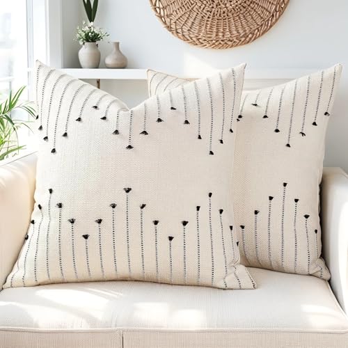 ZONYO Throw Pillow Covers 18x18 Set of 2, Textured Woven Cotton Decorative Cushion Covers with Fringe Tassel, Fade Resistant Washable for Couch Sofa Bed Patio, Boho Farmhouse Modern Decor, Black - color: Black, size: 18" x 18" (Pack of 2)