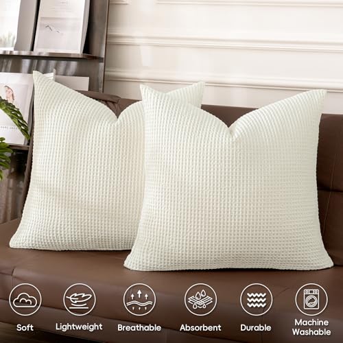 PHF 100% Cotton Waffle Weave Euro Shams 26"X26", No Filling, 2 Pack Elegant Home Decorative Euro Throw Pillow Covers for Bed Couch Sofa,Cream - color: Cream, size: 26" x 26" (Pack of 2)
