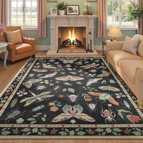 Beeiva Insect Print Rug 6x9, Machine Washable Area Rugs for Living Room, Boho Non Slip Low Pile Ultra Thin Foldable Aesthetic Large Carpet for Bedroom Playroom Dining Room Decor(Black,6x9ft) - color: Black, size: 6' x 9' (Rectangular)