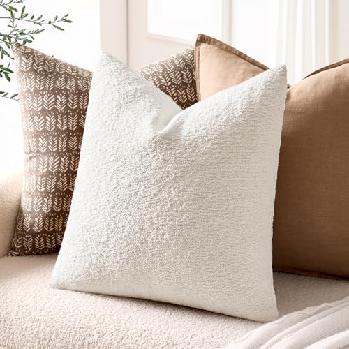 EMEMA Pack of 2, 20 x 20 Inch, Textured Boucle Throw Pillow Covers Cozy Soft Accent Solid Cushion Cases Decorative White Pillowcases for Couch Sofa Chair Bedroom Living Room Home Decor - color: White, size: 20" x 20" (Pack of 2)