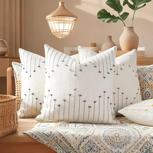 ZONYO Throw Pillow Covers 18x18 Set of 2, Textured Woven Cotton Decorative Cushion Covers with Fringe Tassel, Fade Resistant Washable for Couch Sofa Bed Patio, Boho Farmhouse Modern Decor, Grey - color: Grey, size: 18" x 18" (Pack of 2)