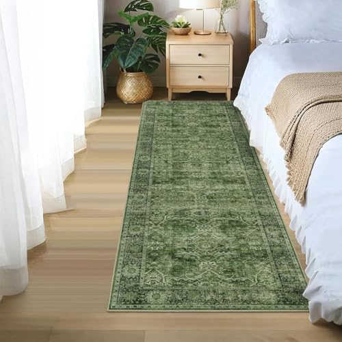 2x5 Green Vintage Washable Runner Rugs for Hallway Kitchen Boho Hallway Carpet Low Pile Non-Slip Retro Distressed Accent Throw Rug for Entryway Bathroom Bedroom Green - color: Green, size: 2'*5'(Runner)