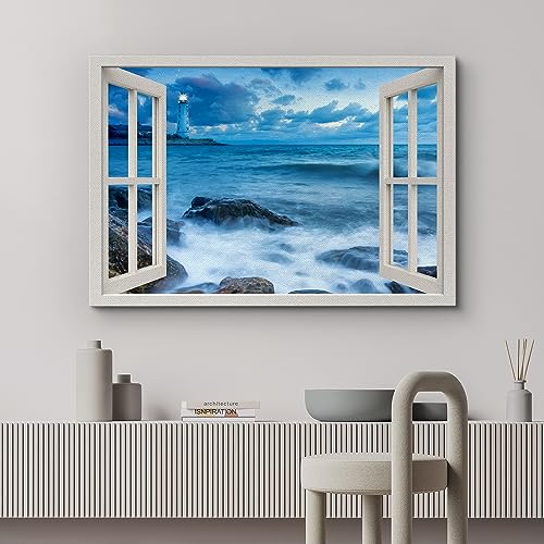 wall26 Canvas Print Wall Art Window View Navy Blue Ocean Waves Nautical Coastal Decor Nature Wilderness Photography Digital Art Realism Decorative Rustic Landscape Colorful for Bedroom - 12"x18" - color: A34-2307-slm05, size: 18"L x 12"W