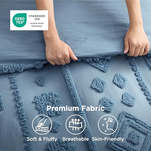 Bedsure Boho Tufted Blue Comforter Set Queen Size, GentleSoft™ 3 Pieces Boho Farmhouse-Style Decor Bedding, Exquisite Bedding for All Seasons, 1 Bed Comforter, 2 Pillow Shams, 90x90 Inches - color: 03 - Distressed Vintage Grayish Blue, size: Queen (90" x