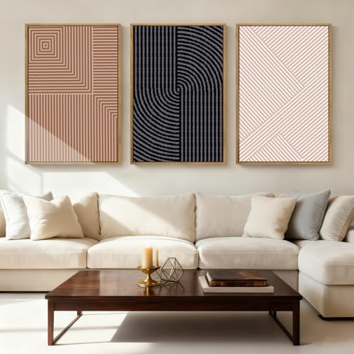 ANHUIB Neutral Abstract Modern Canvas Wall Art Set of 3 Framed Black and White Beige Wall Decor Boho Minimalist Artwork for Walls Geometric Line Painting for Living Room Bedroom Office 16x24 Inch - color: Black Brown and Beige, size: 24"L x 16"W