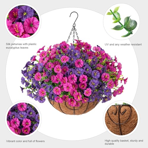 Ivydale 2 Set Artificial Flowers Hanging Baskets for Outdoors Fake Spring Plants, 24 Pcs UV Resistant Faux Silk Morning Glory with 2 Hanging Planters Look Real for Outside Porch Patio Outdoor Decor - color: Purple Fuchsia