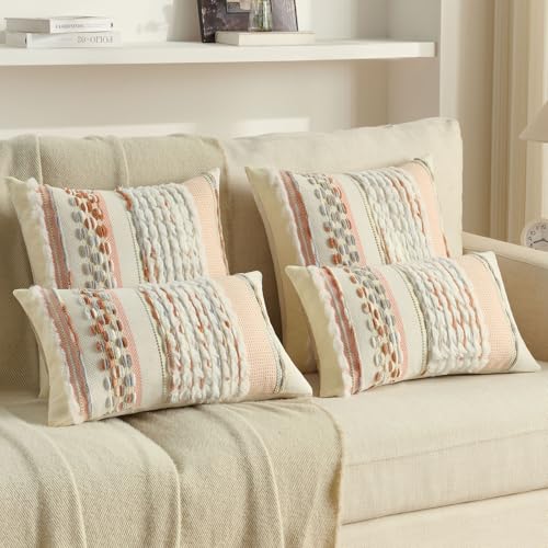 FUTEI Pack of 2 Boho Chenille Decorative Throw Pillow Covers 20x20 Inch Soft Plush Tufted Striped Textured Cushion Case,Farmhouse Accent for Couch Bed Living Room, Grey Blue Coral - color: Grey Blue+coral, size: 20" x 20" (Pack of 2)