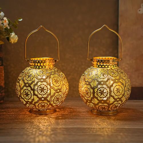 TRIROCKS Set of 2 Moroccan Style Metal Table Lamp 7'' High Battery Powered Cordless Lamp with LED Fairy Lights Bulb Perfect for Home Living Room Parties Tabletop Indoors(Gold) - color: Gold