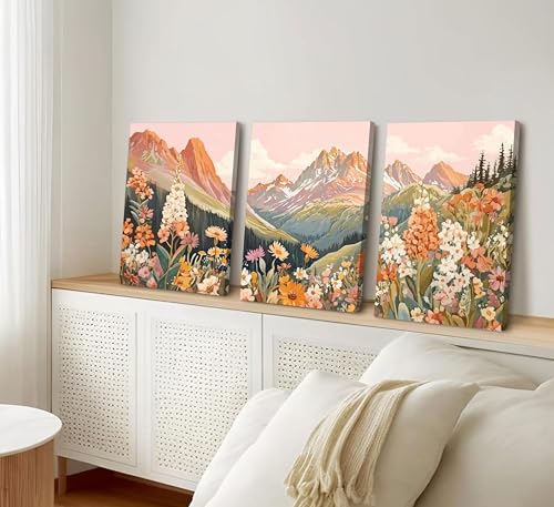 3Pcs Boho Mountain Canvas Wall Art Vintage Wildflower Mountains Poster Prints Abstract Nature Landscape Picture Nature Botanical Paintings Artwork Wall Decor for Living Room Bedroom 12x16in Framed - color: Wildflowers, size: 16"L x 12"W