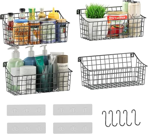 Sonyabecca 4 Pack Hanging Wall Basket for Organizing, Large Wire Basket for Storage Pantry with 5 S Hook+4 Adhesive Hook, Wall Mounted Shelf for Kitchen Bathroom - size: 13"L x 6.3"W x 6.02"H-4Pack