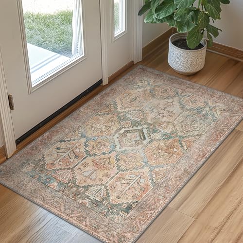 Bavni 2x3 Entryway Rug Bathroom Rugs for Front Door Bedroom Bathroom Kitchen, Washable Vintage Print Carpet, Ultra-Thin Chenille Lightweight Rug with Non Slip Backing, Clay - color: Amber/Clay, size: 2' x 3' (Rectangular)