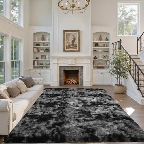 Area Rugs for Living Room 8x10 Black Grey Fluffy Rug,Super Fuzzy Fur Bedroom Carpet for Boys Dorm Office Nursery Modern Home Decor - color: A-tie-dye Darkgrey, size: 8' X 10' (Rectangular)