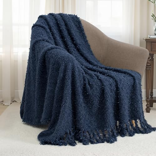 Winter Knit Throw Blanket Fluffy Fuzzy Soft Lightweight Cozy Farmhouse Tassels Chunky Knitted Throws for Couch Sofa Bed (Navy Blue, 50"x60") - color: Navy Blue, size: 50"x60"