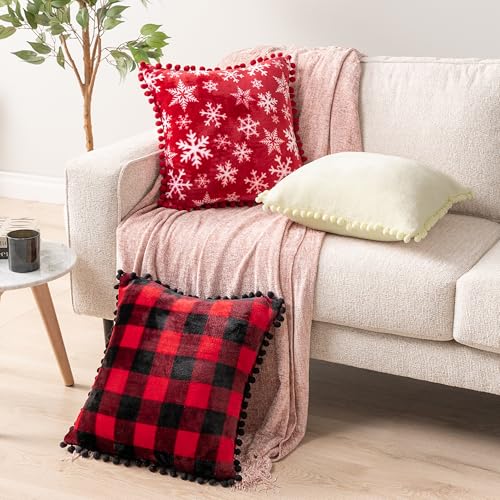 PAVILIA Snowflake Red Throw Pillow Covers with Pom Pom 18x18 Set of 2, Christmas Decorative Pillow Cases for Bedroom, Holiday Small Pillows Set for Bed, Velvet Winter Plush Cushion Covers Sofa Couch - color: Snowflake Red, size: 18" x 18" (Pack of 2)