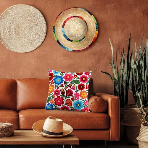 HunnmingRe Mexican Embroidered Throw Pillow with Insert 18 x 18 Inch Mexican Boho Embroidered Pillow Cover Decorative Fiesta Colorful Floral Cushion Decor for Sofa Living Room Couch Bedroom(White) - color: White