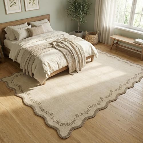 GarveeHome 5x7 Scalloped Area Rug Tan Jute Washable Rugs for Living Room Bedroom, Soft Low Pile Non Slip Neutral Floor Mat Solid Floral Print Throw Rug Farmhouse Indoor Carpet for Dorm Playroom - color: Jute, size: 5' x 7' (Rectangular)