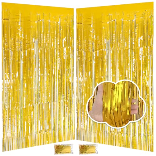 Gold Backdrop Birthday Decorations Foil Fringe Curtains 3.3x8.2ft, Party Backdrop Streamers Photo Booth Backdrop, Gold Tinsel Backdrop Door Decorations for Graduation Bachelorette New Year Eve, 2 Pack - color: Gold