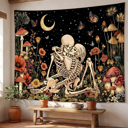 Lifeel Skeleton Lovers Tapestry, The Kissing Lovers Boho Aesthetic Skull Gothic Tapestry for Bedroom Living Room, 60x80 inches - color: Black1, size: 80"L x 60"W