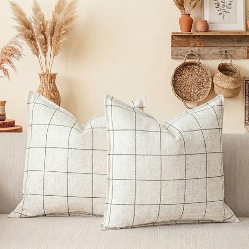 Cream White Plaid Decorative 20x20 Throw Pillow Covers Set of 2, Boho Decor White Checkered Pillows for Couch 20 x 20, Modern Farmhouse Neutral Decor Linen Pillows for Bed (Without Pillow Inserts) - color: Beige & Black Plaid Set of 2, size: 20" x 20" (Pa