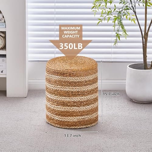 Wimarsbon 2Pcs Pouf Ottomans, Natural Seagrass Foot Stool, Hand Weaving Round Ottoman, Boho Decorative Seat, Jute Braided Pouffe Poof Accent Sitting Footrest for Living Room (Water Hyacinth-White) - color: 14inchwater Hyacinth Braid & White Cotton Rope