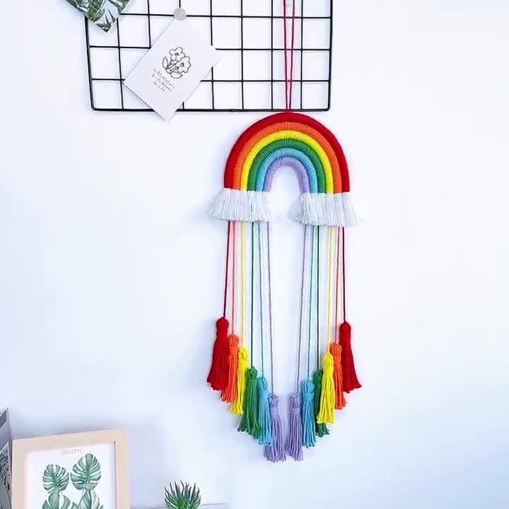 Rainbow Macrame Wall Hanging - Hand-Woven Cotton Tassel Tapestry Decor for Baby Room, Nursery, and Home Decor (Red Rainbow) - color: Red Rainbow