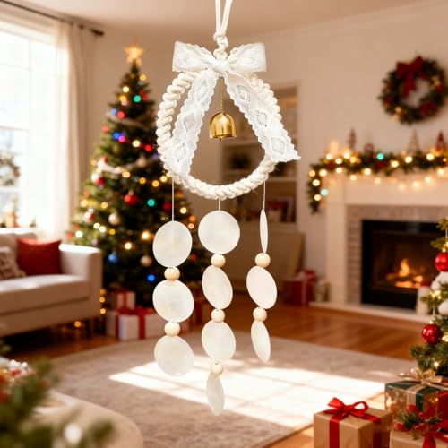 Macrame Dream Catcher Wall Hanging with Shell Wind Chime & Gold Bell - Handmade Boho Woven Ornament for Bedroom Living Room Nursery Christmas Home Decor - color: Shell