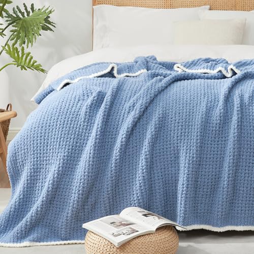 Snuggle Sac Ultra Soft Waffle Throw Blanket for Couch Bed Sofa 50x60 inches, Reversible Blue Blanket Microfiber Fluffy Fuzzy Cozy Knit Throws for Women Mothers Birthday Gifts - color: Waffle Washed Blue, size: Throw(50"x60")