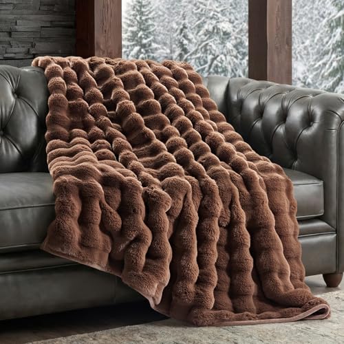 EverGrace Ultra Soft Luxury Fluffy Faux Rabbit Fur Throw Blanket, Thick Warm Bubble Throw for Bed, Cozy Plush Reversible Blankets for Couch, Chair, Sofa, Chestnut, 50x60 Inches - color: Chestnut, size: 50"x60"