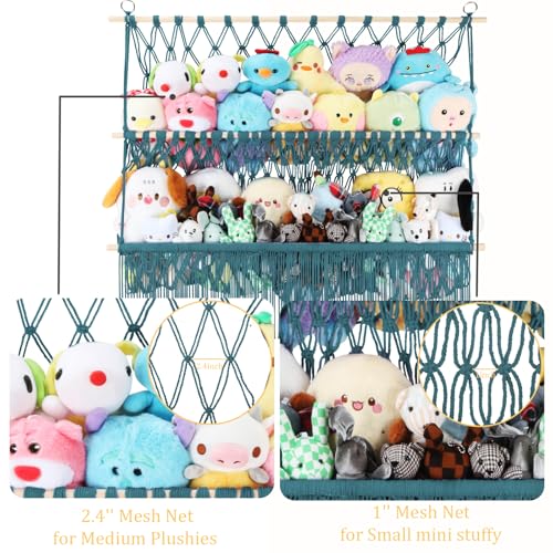 2 Tier Stuffed Animal Storage Shelf Net, 35x30'' Large Plushie Net w/ 2.4/1'' Dense Mesh for Mini Medium Stuffy Teddy, Aqua Boho Macrame Plush Holder Display w/Lights&Clips for Nursery Decor - color: Aqua, size: Large-2 Tier-35x30 Inch