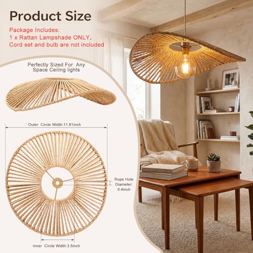 3 Set 11 Inches Cloud Shaped Rattan Pendant Light Shade, Woven Rattan Lamp Shades for Ceiling Lighting, Natural Handcrafted for Dining Room, Kitchen Ceiling(Small Cloud Lampshade)