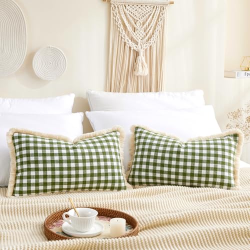 CARRIE HOME Spring Sage Green 12x20 Outdoor Gingham Lumbar Pillow Covers Set of 2 with Ruffle Fringe, 12 x 20 Green and White Checkered Plaid Pillow Covers, Spring Outdoor Green Lumbar Pillow Covers - color: Lumbar Sage Green & White (With Tassels), size:
