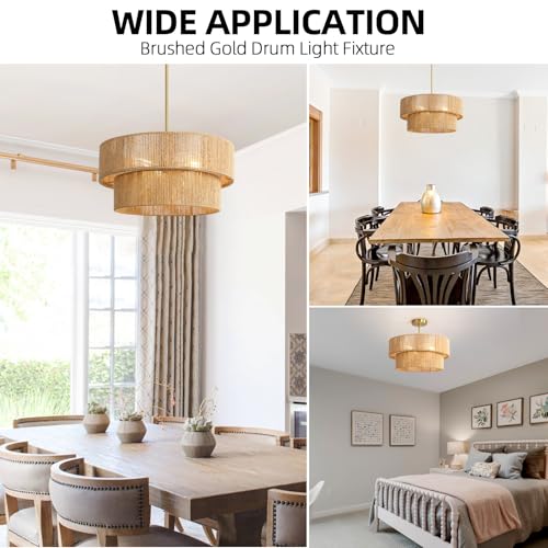18'' Boho Rattan Chandelier Hand Woven Chandelier Light Fixture 3-Light Farmhouse Drum Pendant Light for Dining Room Bedroom Kitchen Hallway Foyer - color: 18" Rattan Gold