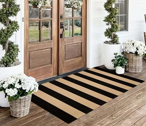 Front Porch Rug 24"x51",Black and Tan Striped Outdoor Rug Cotton Woven Washable Indoor Outdoor Doormat Farmhouse Small Area Rug for Porch/Entryway/Home Entrance Decor - color: Black Tan, size: 2' x 4'3" (Rectangular)