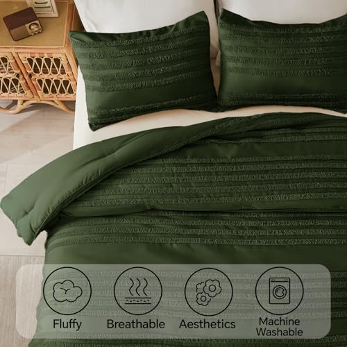 BEDELITE Boho Twin/Twin XL Comforter Set，Olive Green Tufted Striped Bed Set 2 Pieces, Soft Vintage Farmhouse Comforter for College, Boho Home Dorm Decor, Fluffy Jacquard Bedding with 1 Pillow Sham - color: Olive Green, size: Twin/Twin XL