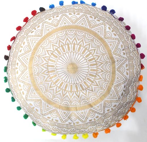 ICC Floor Pillows & Cushion covers Decorative Hippie Mandala Pouf Pillow covers Seating Meditation Cushion Cover Large Boho Ottoman Case Pillowcase Couch White Gold Matellic 16" Round - color: White Gold Matellic, size: 16"D x 16"W x 5"H
