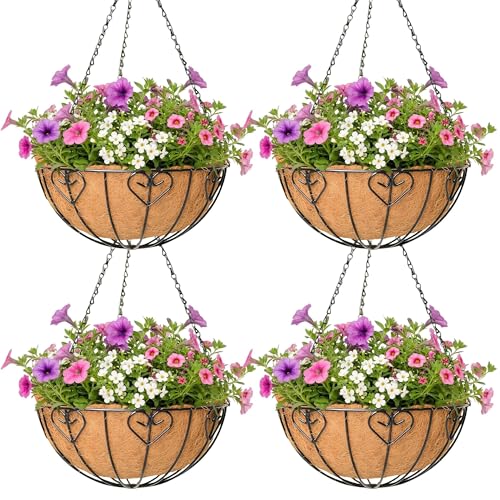 4 Pack Hanging Planter for Outdoor Plants 14 inch Metal Hanging Flower Basket with Coco Coir Liner Round Wire Plant Holder Chain Flower Pots Outdoor Garden Decoration Watering Hanging Baskets（AX） - size: 14" x 4 Pack, style: Heart-shaped
