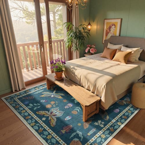 Beeiva Insect Print Area Rug 6x9, Washable Rugs for Living Room Non Slip, Soft Low Pile Ultra Thin Foldable Large Carpet for Dorm Bedroom Kids Room Playroom Decor(Dark Green,6x9ft) - color: Dark Green, size: 6' x 9' (Rectangular)