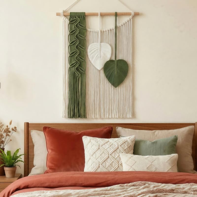 SunsprieJoy Macrame Wall Hanging, Boho Wall Decor Handmade Yarn Woven Leaf Tapestry, Modern Wall Art for Bedroom Nursery Kitchen Dining Room Bathroom, Home Decoration Gift for Women – Green - style: Vertical Leaf